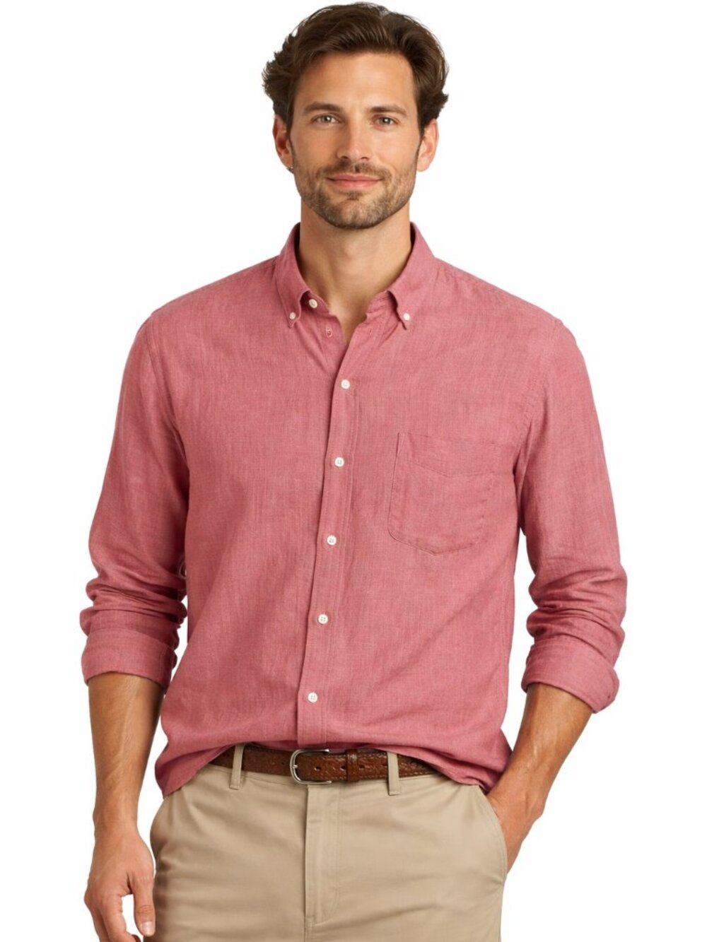 J. McLaughlin Men's XL Red Chambray Cotton Trim Fit Button‎ Up Long Sleeve Shirt